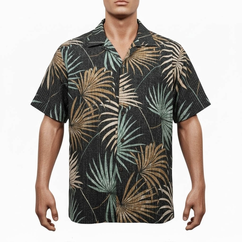 RJC Hawaiian Aloha Shirt Large Tropical Palm Fronds Black Green Brown